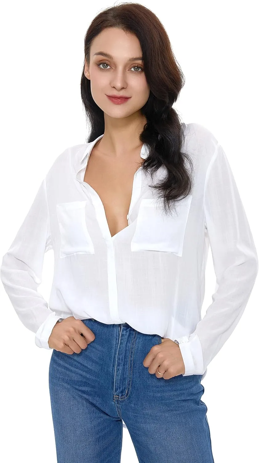 Womens Button Down Shirt Long Sleeve Button Up Shirt Ladies Work Blouses Loose Fit Tops