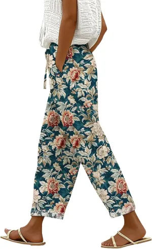 Womens Casual Linen Pants Elastic Waist Drawstring Trousers with Pockets Summer Beach Floral Pants