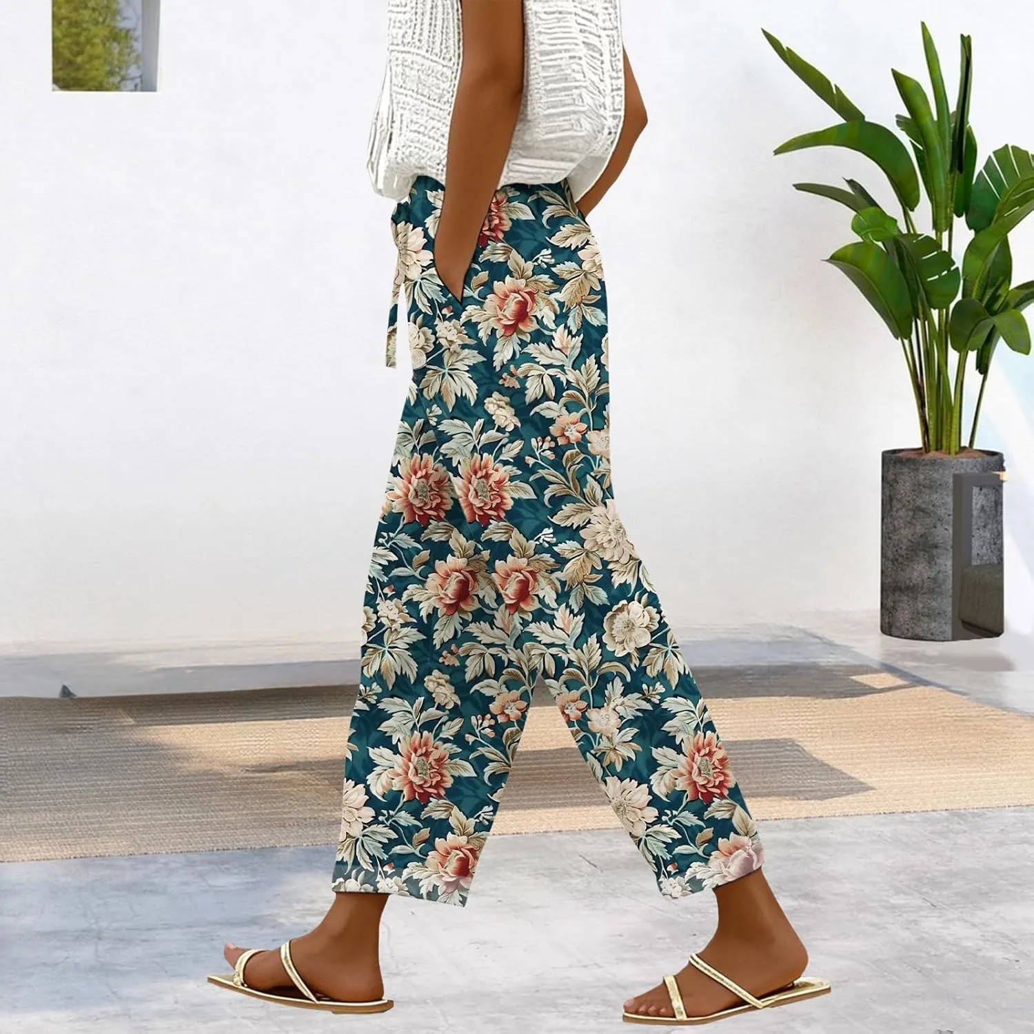 Womens Casual Linen Pants Elastic Waist Drawstring Trousers with Pockets Summer Beach Floral Pants