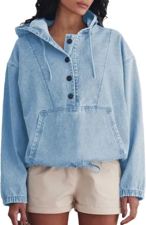 Women's Denim Hoodie Button Down Pullover Jacket Jean Sweatshirt Tops