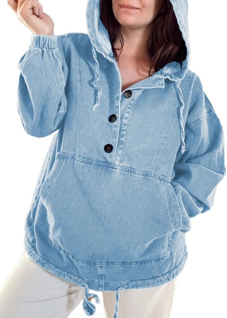Women's Denim Hoodie Button Down Pullover Jacket Jean Sweatshirt Tops