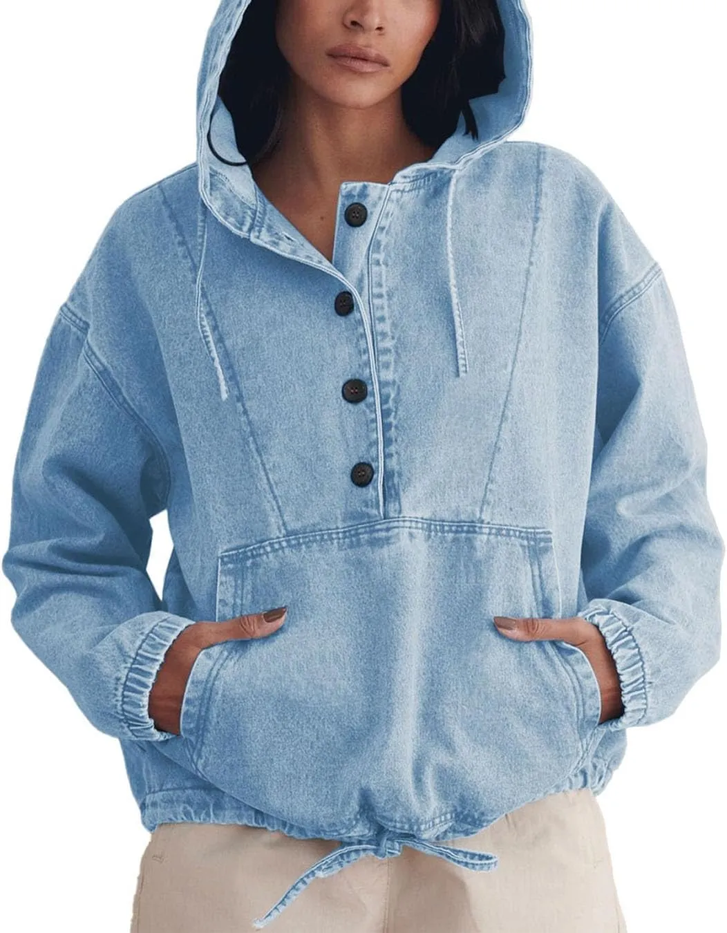 Women's Denim Hoodie Button Down Pullover Jacket Jean Sweatshirt Tops