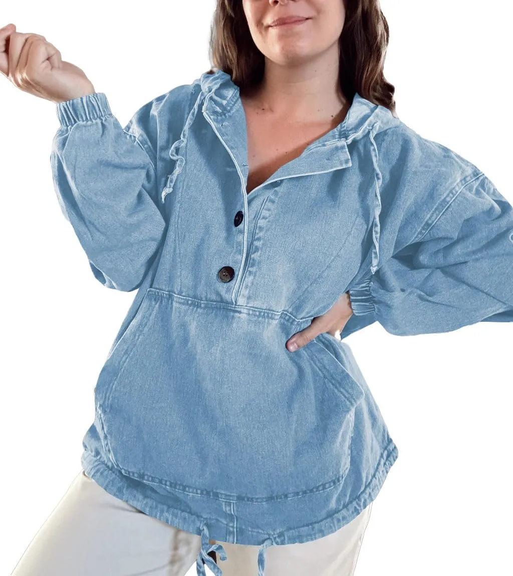 Women's Denim Hoodie Button Down Pullover Jacket Jean Sweatshirt Tops