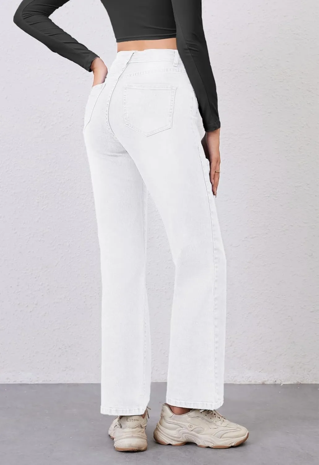 Women's High Waist Jeans Straight Leg Jeans Casual Distressed Stretchy Denim Pants with Pockets