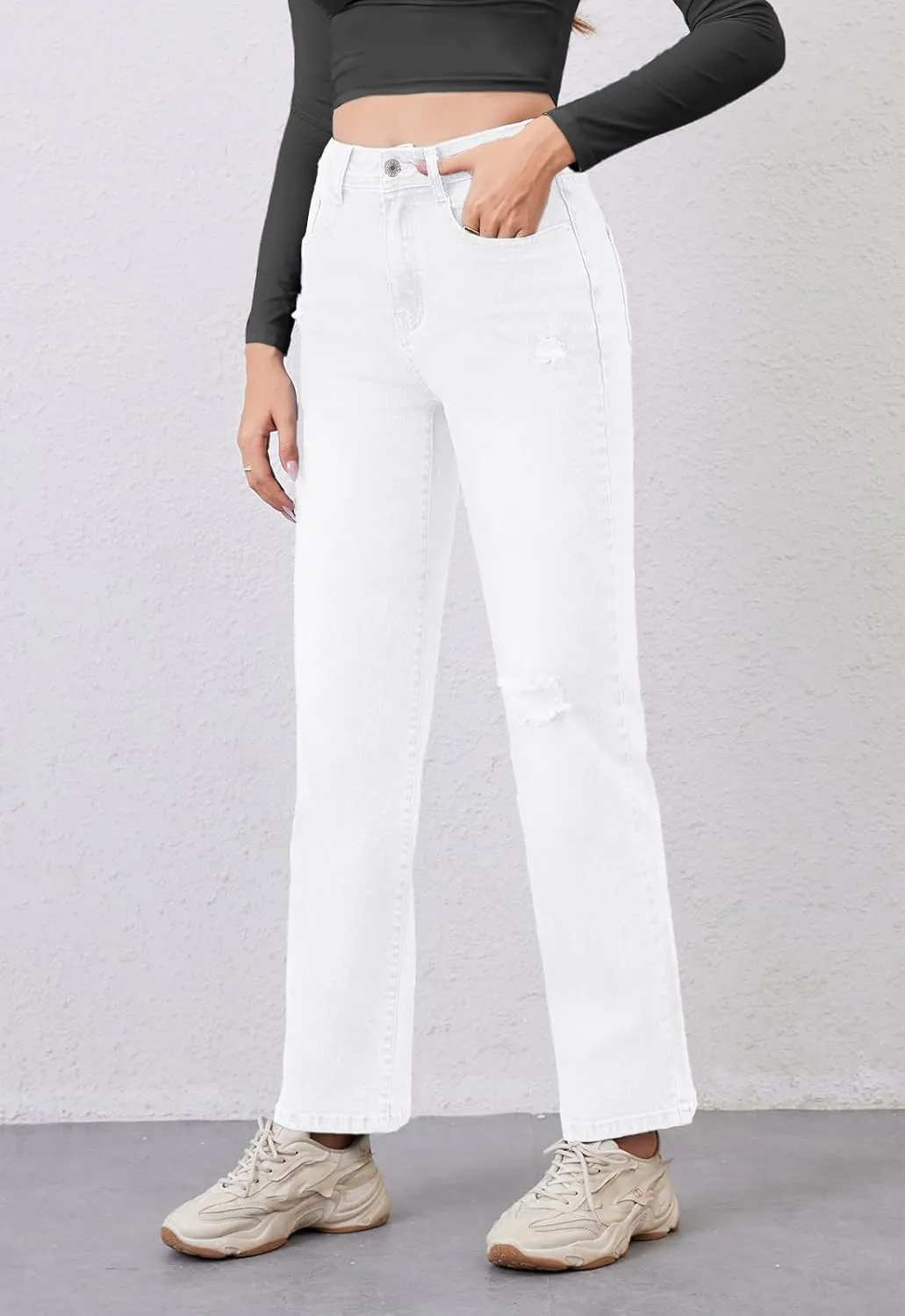 Women's High Waist Jeans Straight Leg Jeans Casual Distressed Stretchy Denim Pants with Pockets