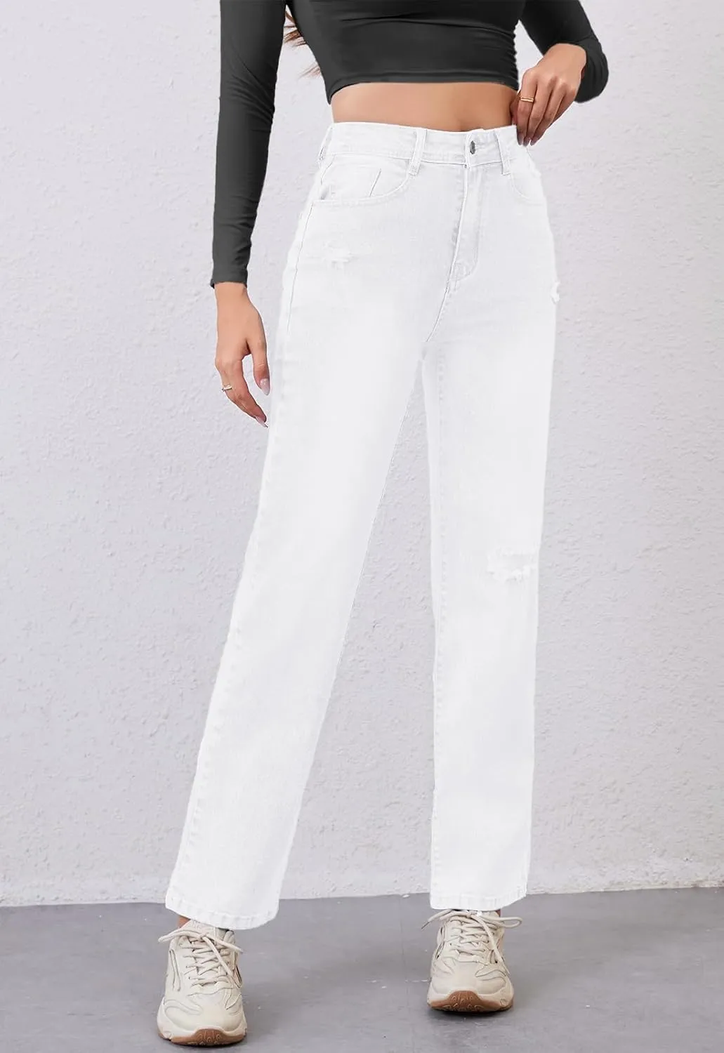 Women's High Waist Jeans Straight Leg Jeans Casual Distressed Stretchy Denim Pants with Pockets