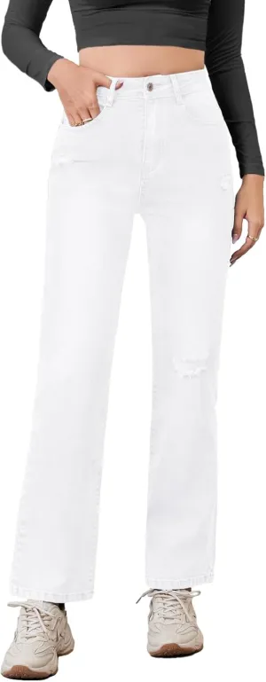 Women's High Waist Jeans Straight Leg Jeans Casual Distressed Stretchy Denim Pants with Pockets