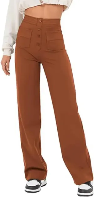 Women's High Waisted Straight Leg Trousers Casual Loose Fit Stretchy Pants with Button for Business Work Office Wear