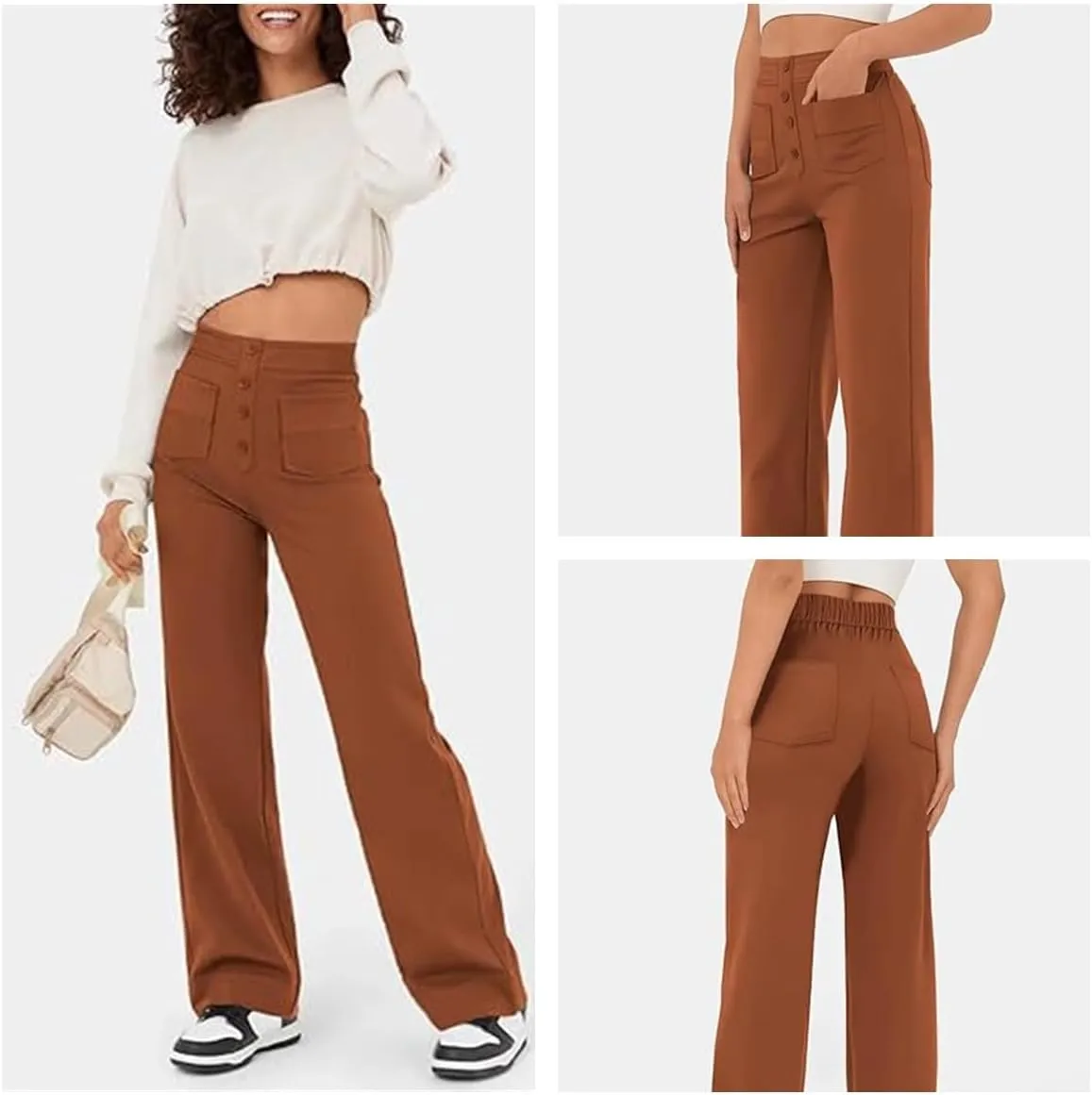 Women's High Waisted Straight Leg Trousers Casual Loose Fit Stretchy Pants with Button for Business Work Office Wear
