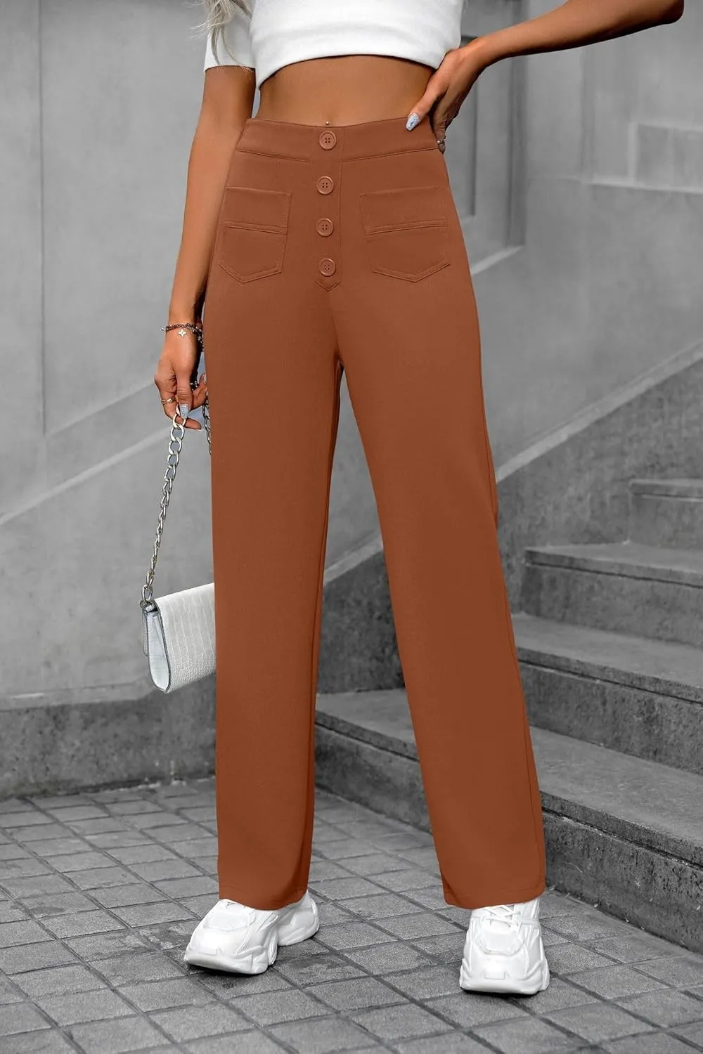Women's High Waisted Straight Leg Trousers Casual Loose Fit Stretchy Pants with Button for Business Work Office Wear