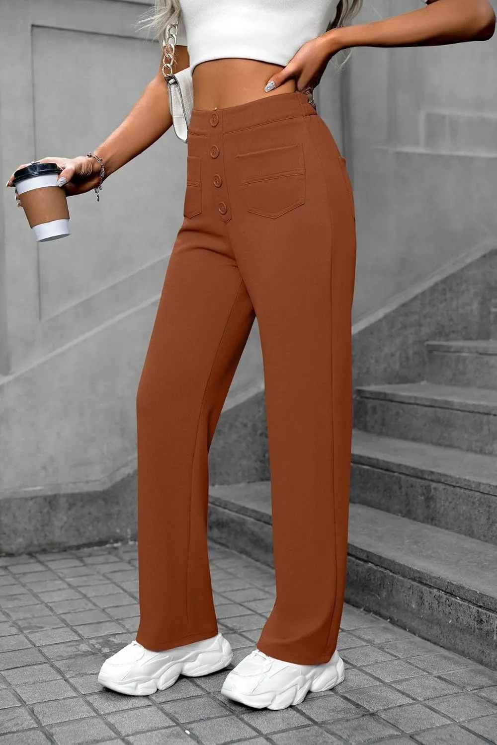Women's High Waisted Straight Leg Trousers Casual Loose Fit Stretchy Pants with Button for Business Work Office Wear