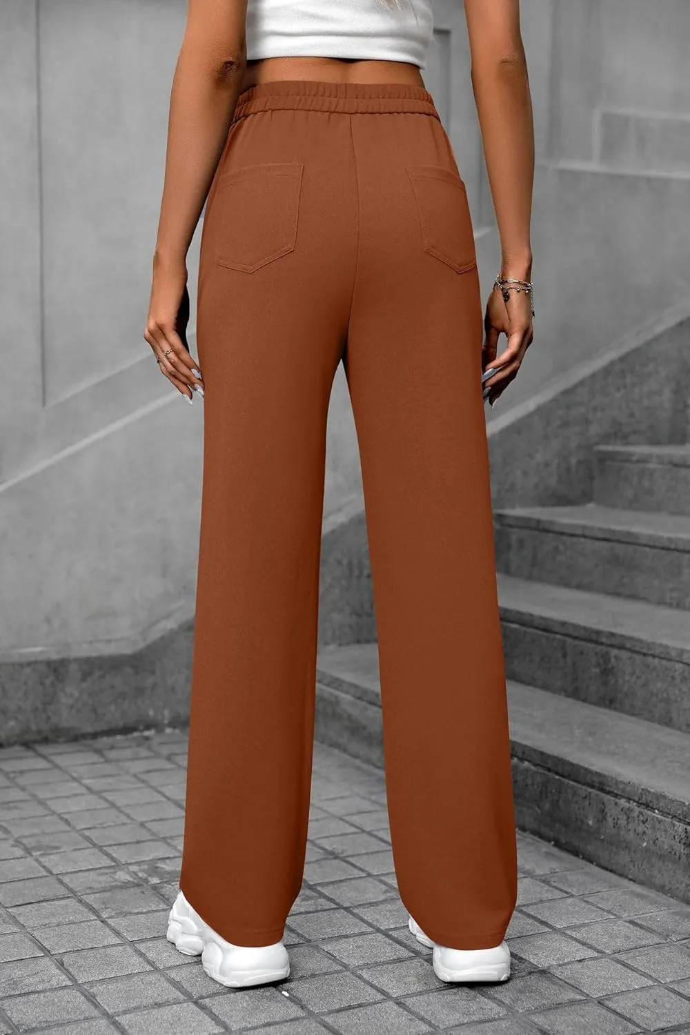 Women's High Waisted Straight Leg Trousers Casual Loose Fit Stretchy Pants with Button for Business Work Office Wear