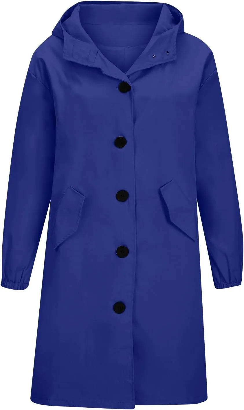 Women's Rain Jacket Lightweight Raincoat Hooded Windbreaker Trench Coat Fleece Hooded Long Softshell Rain Jacket