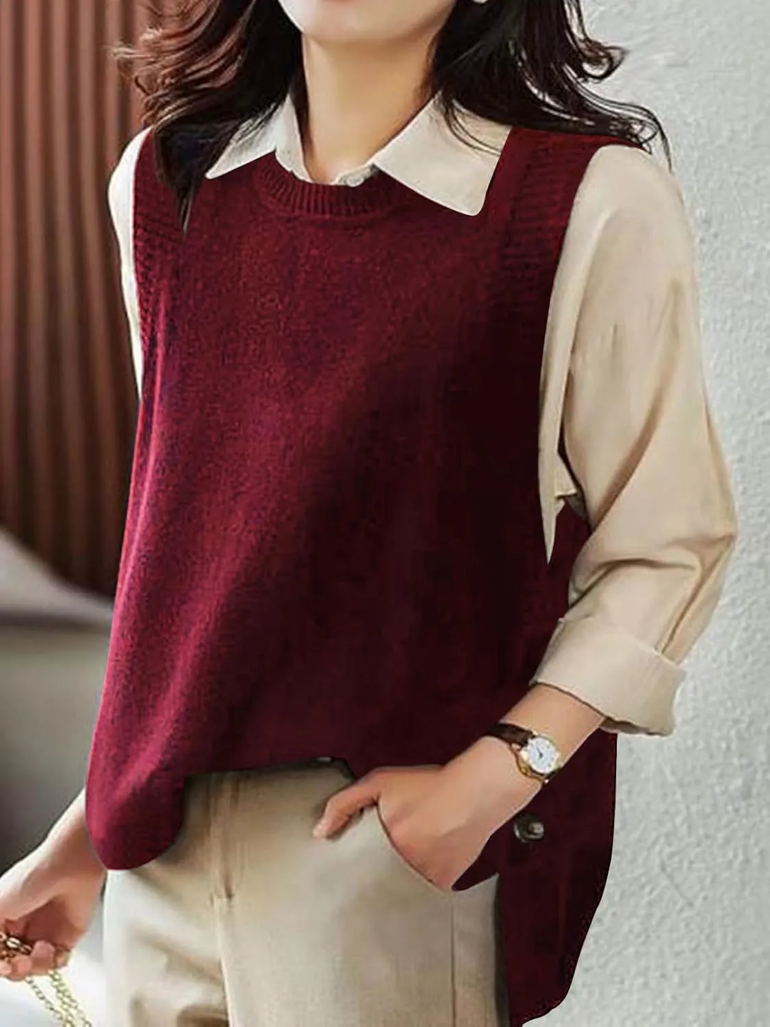 Wowcarbazole Women's Sleeveless Sweater Vest Casual Crew Neck Ribbed Knit Pullover Tops Loose Fit Full Clothes