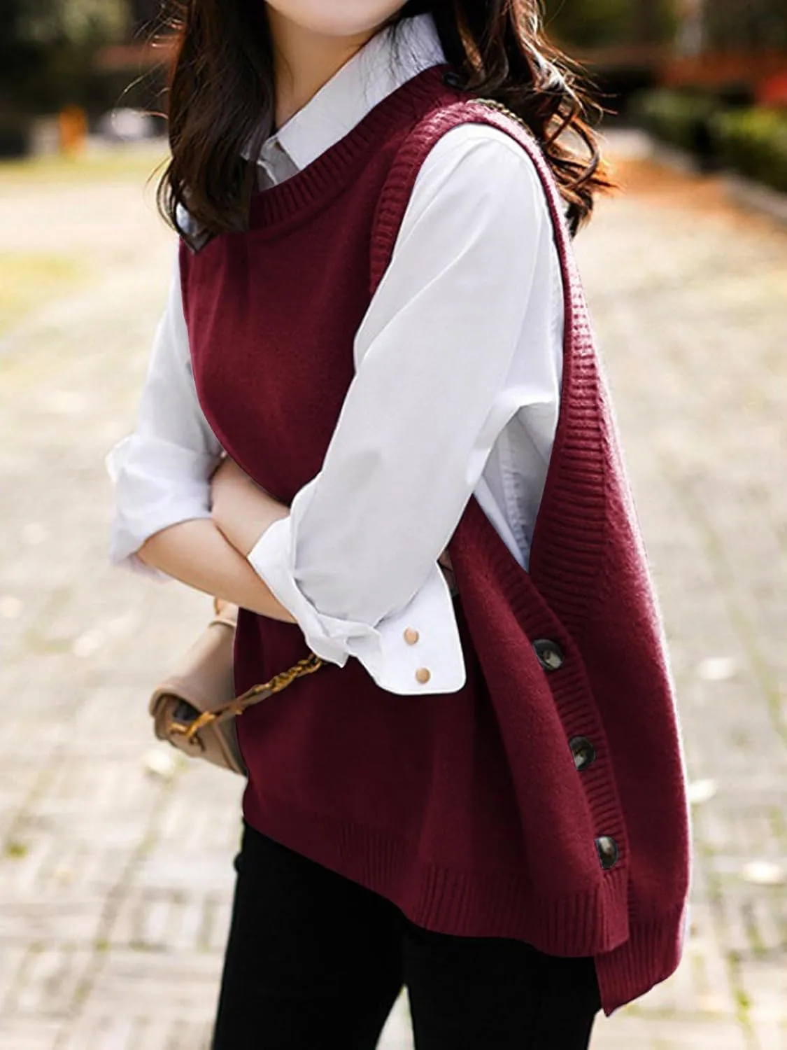 Wowcarbazole Women's Sleeveless Sweater Vest Casual Crew Neck Ribbed Knit Pullover Tops Loose Fit Full Clothes