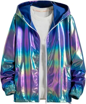 Xiaojmake Men's Metallic Jacket Holographic Lightweight Shiny Hooded Zip Up Jackets Thin Hoodie Coat Party Club Shiny Coat