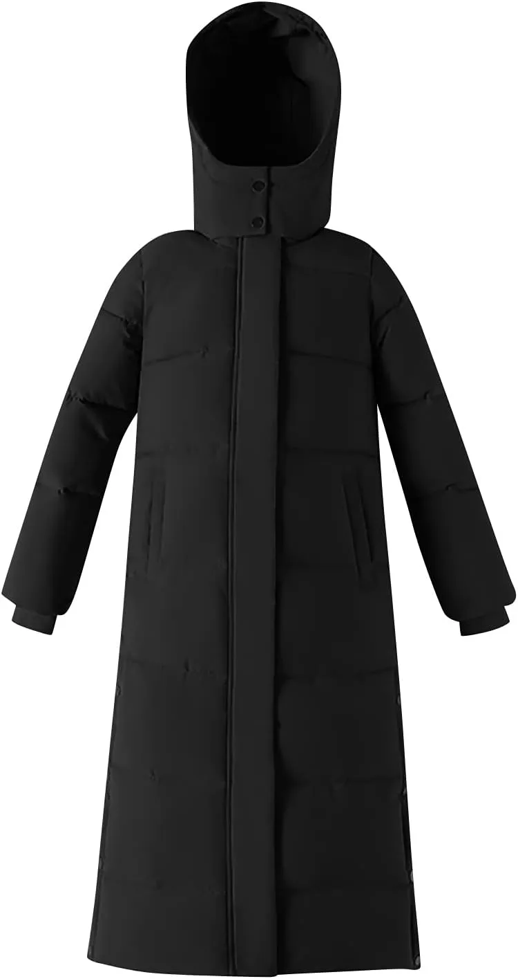 XUNRYAN Winter Jackets for Women Long Parka Puffer Coat Hooded Thicken Quilted Ankle Length Maxi Long Coats Anorak Outwear