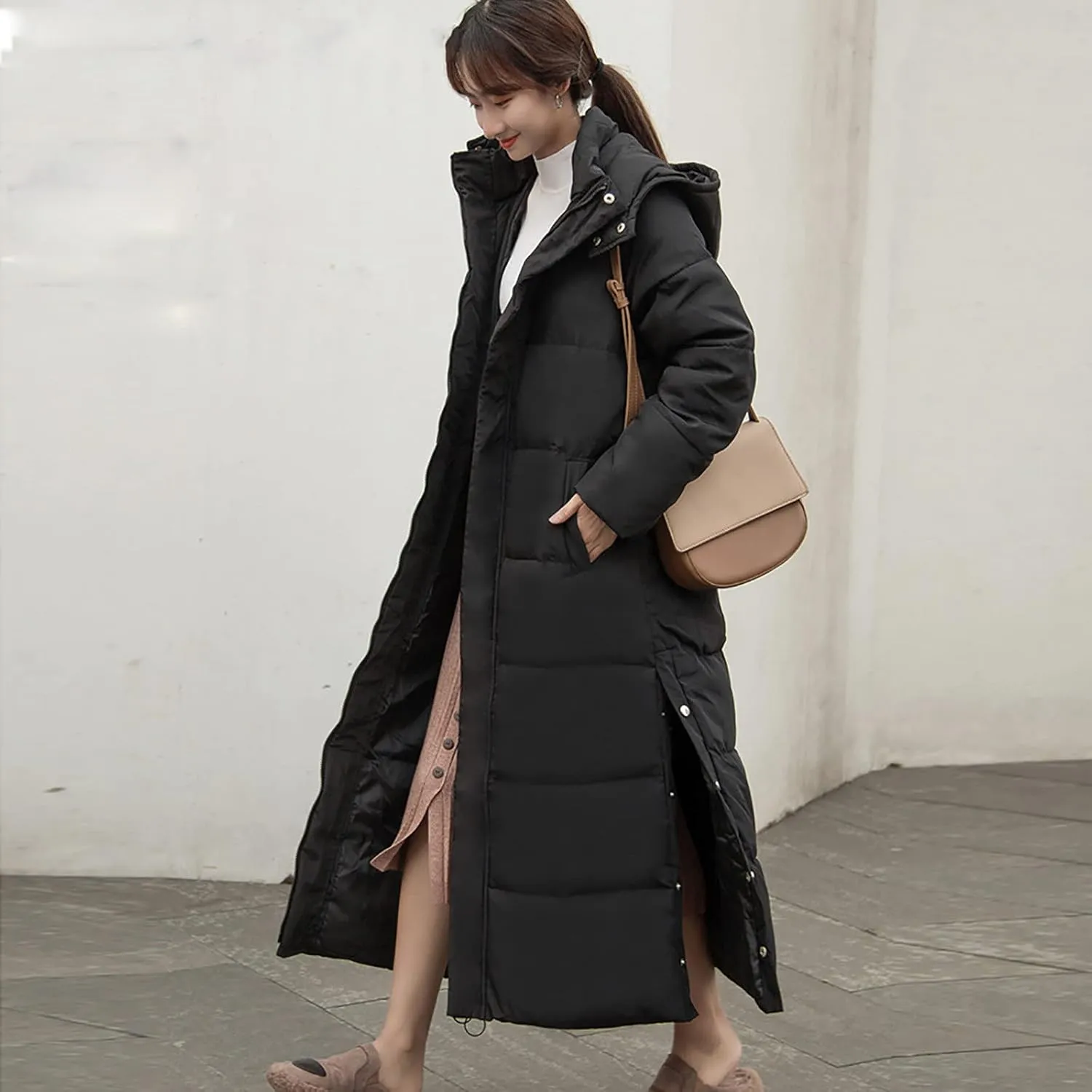 XUNRYAN Winter Jackets for Women Long Parka Puffer Coat Hooded Thicken Quilted Ankle Length Maxi Long Coats Anorak Outwear