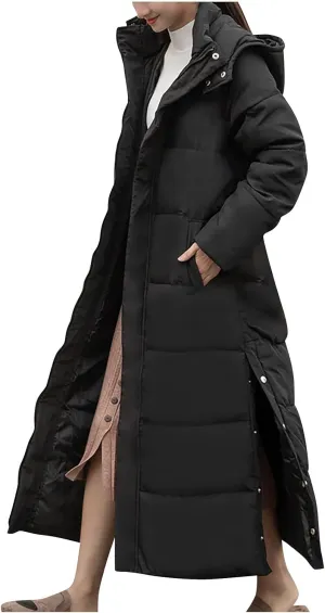 XUNRYAN Winter Jackets for Women Long Parka Puffer Coat Hooded Thicken Quilted Ankle Length Maxi Long Coats Anorak Outwear
